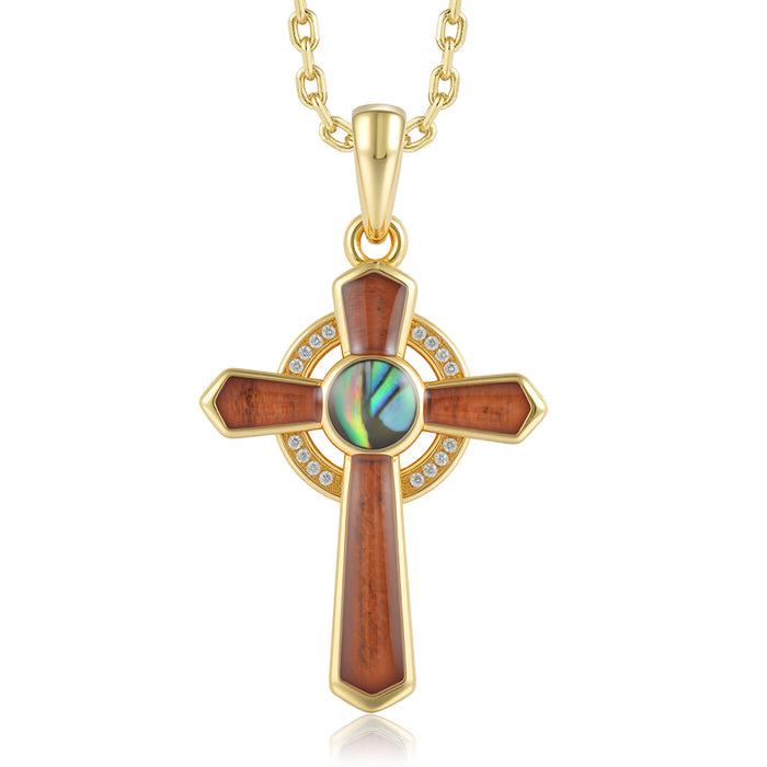 Cross Pendant - Abalone + Wood - 0107