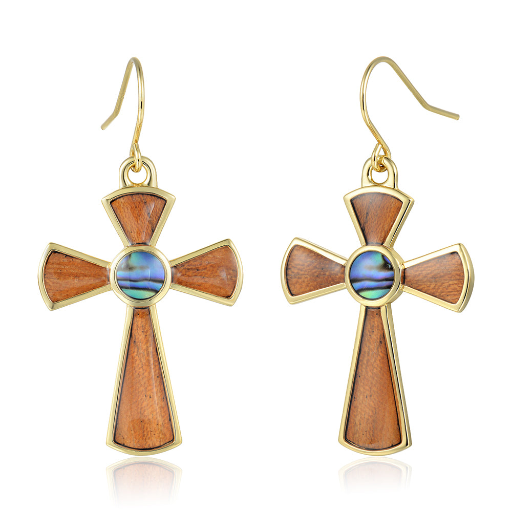Cross Earrings - Abalone + Wood - 0042