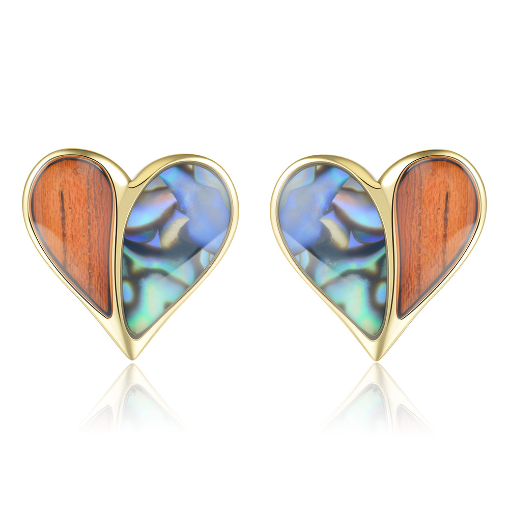 Heart Earrings - Abalone + Wood - 0101