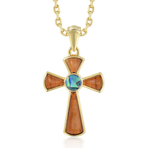 Cross Pendant - Abalone + Wood - 0042