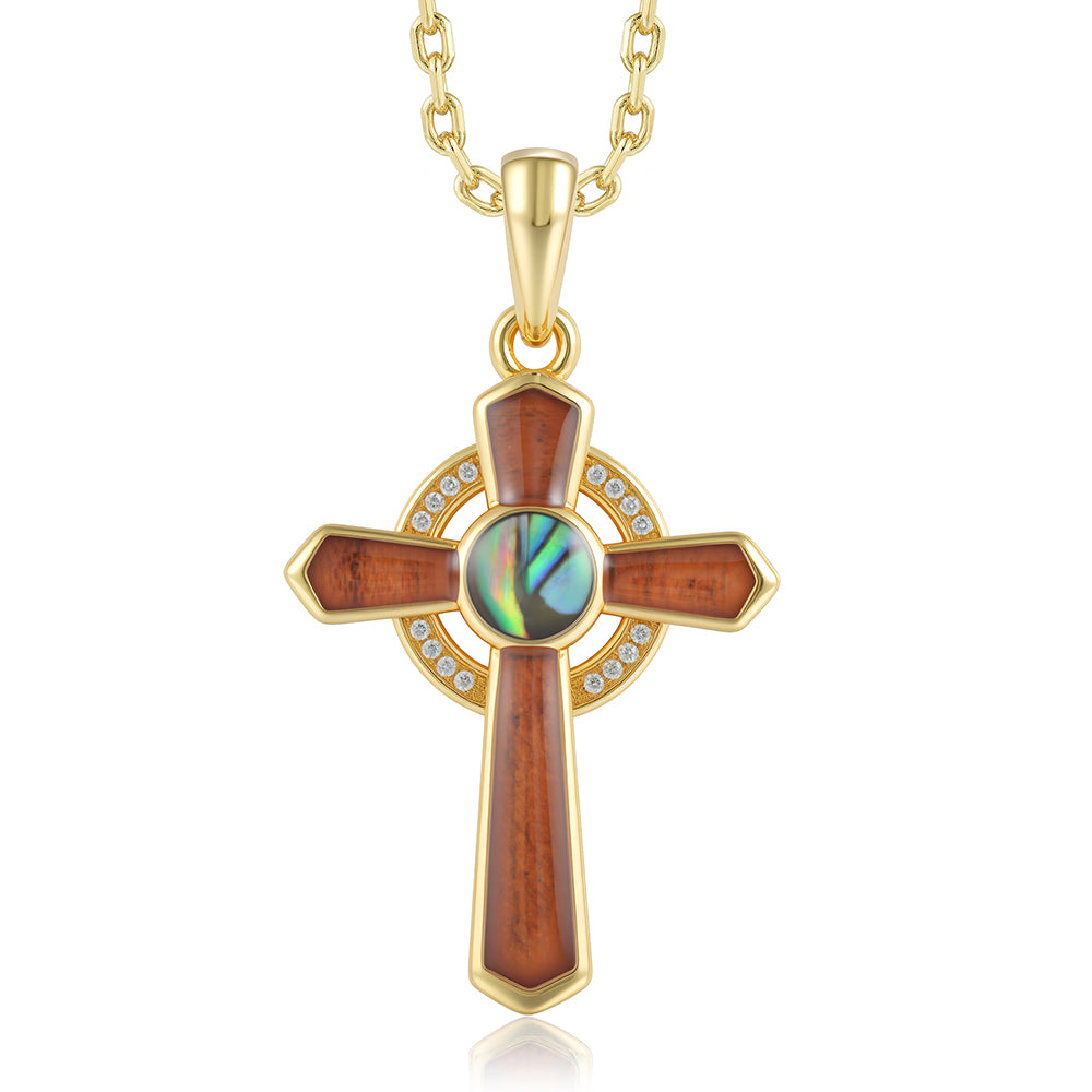 Cross Pendant - Abalone + Wood - 0107